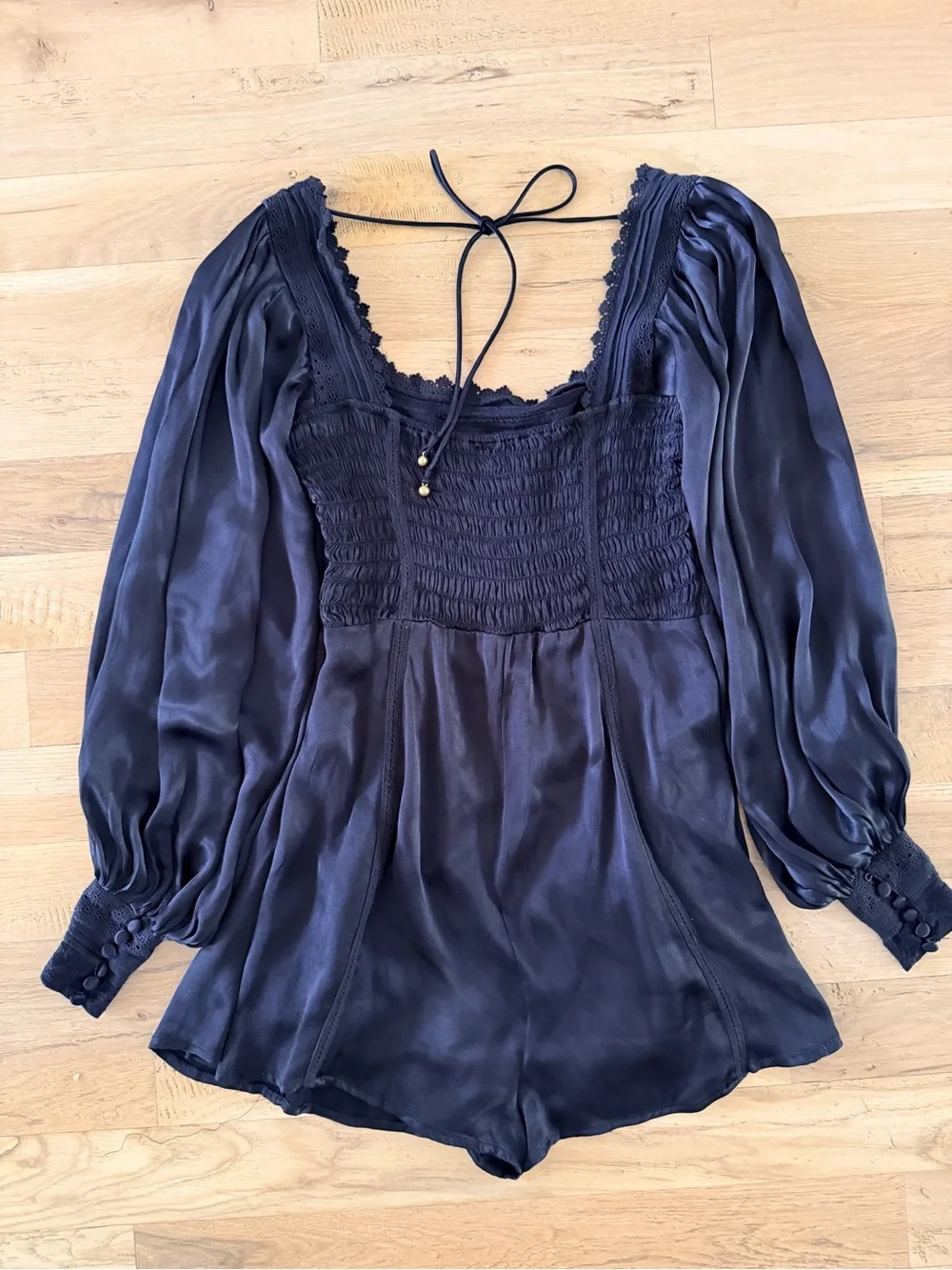 Free People Black Satin Square-Neck Romper